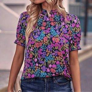 Allover Floral Print Puff Sleeve Frill Neck Blouse
